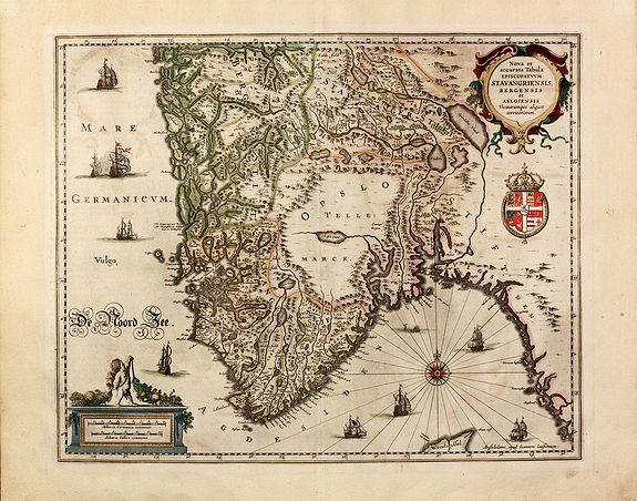 JANSSONIUS, J., Nova et accurata Tabula Episcopatuum Stavangriensis, Bergensis et Asloiensis Vicinarumque aliquot territoriorum, antique map, old maps