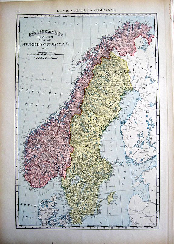 Rand McNally, Map of Sweden and Norway., antique map, old maps