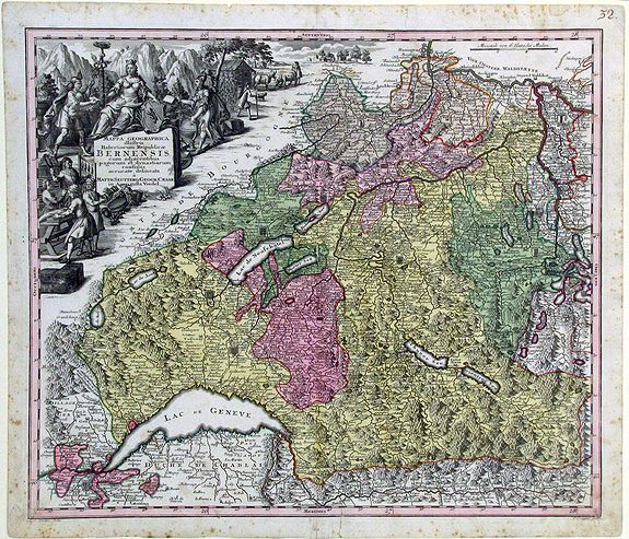 SEUTTER, M., Mappa geographica illustris Helvetiorum reipublicæ Bernensis: cum adjacentibus pagorum et dynastiarum confiniis accurate delineata., antique map, old maps