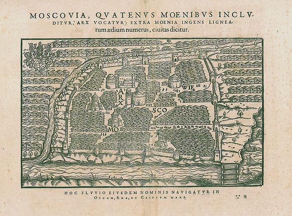 HERBERSTEIN, S., MOSCOVIA, QUATENUS MOENIBUS INCLUDITUR ARX VOCATUR EXTRA MOENIA INGENS LIGNEA-rum aedium numerus, civitas dicitur, antique map, old maps