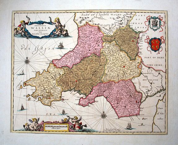 JANSSONIUS, J. / SCHENK,P. / VALK,L., Principatus Walliae pars Australis vulgo Wales ., antique map, old maps