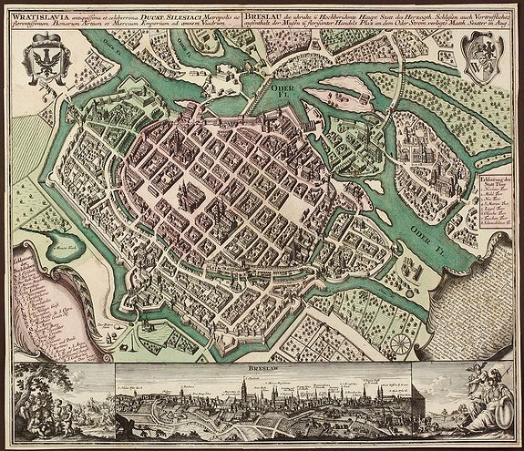 SEUTTER, M., Wratislavia Antiquissima et Celeberrima Ducat. Silesiaci Metropolis ... / Breslau due Uhralte u Hochberuhmte Haupt Statt des Herzogth. Schleisien., antique map, old maps