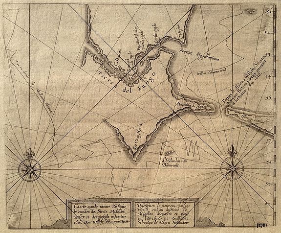 DE BRY, Th., Tierra del Fuogo / Porto Desire (Carte vande nieuwe Passagie bezuijden de Strate Magellan), antique map, old maps