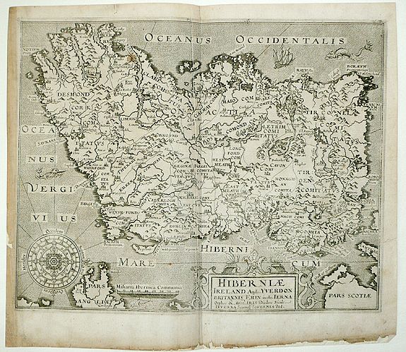 SAXTON, Christopher / HOLE, William Hole, Hiberniae Ireland Anglis Yuerdon Britannis Erin incolis Ierna Orpheo & Arist. Iris Diodoro Siculo Juverna Juvenali Joyernia Ptol.Christopher Saxton & William Hole, antique map, old maps