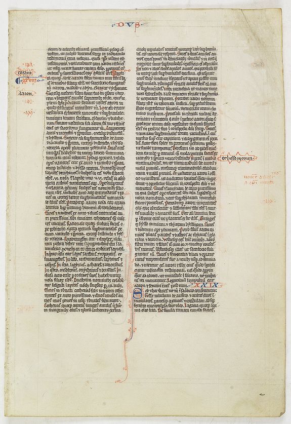 BIBLE, Large leaf from a Parisian bible on vellum, in two columns., antique map, old maps