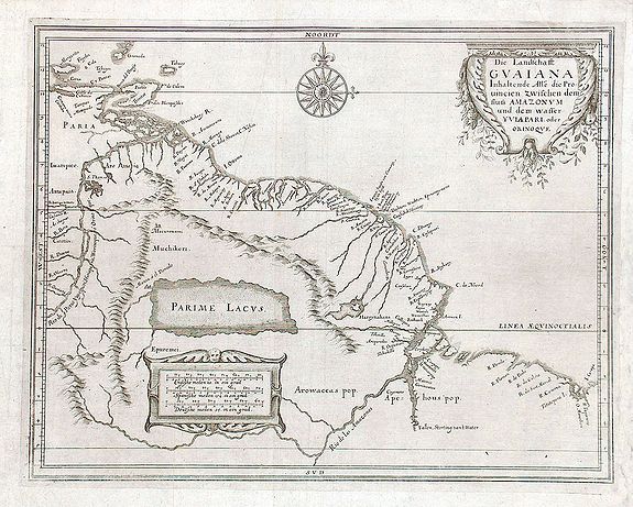 GOTTFRIED, J. L., Die Landschafft Gvaiana Inhaltende alle die Prouincien awischen dem Fluss AMAZONVM und dem wasser YVIAPARI oder ORINOQVE, antique map, old maps