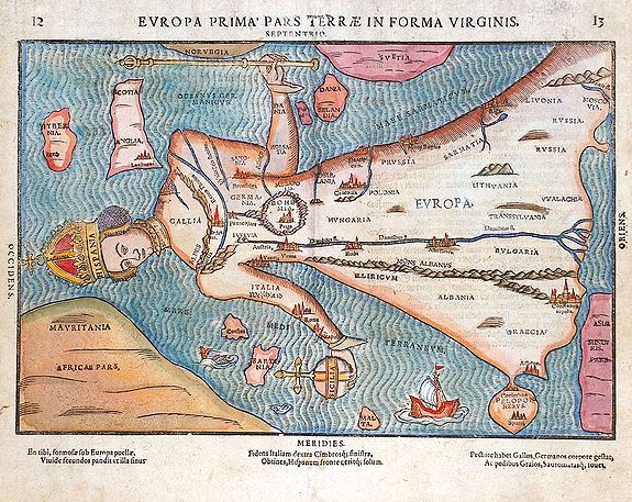 BÜNTING, Heinrich, Evropa prima pars terrae in forma virginis., antique map, old maps