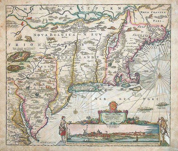 DANCKERTS, J., Novi Belgii novaeque Angliae nec non partis Virginiae tabula multis in locis emendata a Iusto Dackers., antique map, old maps