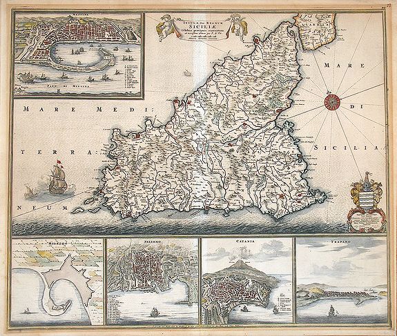 DE WIT, F., Insula sive Regnum Siciliae Urbibus praecipuis exornatum., antique map, old maps
