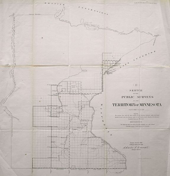 GENERAL LAND OFFICE, LOT OF 2: SKETCH OF THE PUBLIC SURVEYS IN THE TERRITORY OF MINNESOTA & SKETCH OF THE PUBLIC SURVEYS IN WISCONSIN AND TERRITORY OF MINNESOTA, antique map, old maps