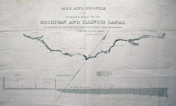 ANONYMOUS, MAP AND PROFILE of the Proposed Route for the MICHIGAN AND ILLINOIS CANAL SURVEYED IN 1830 by W. B. GUION & H. BELIN CIVIL ENGINEERS reduced from the original drawing by J. R. IRWIN LIEUT. U.S.A., antique map, old maps