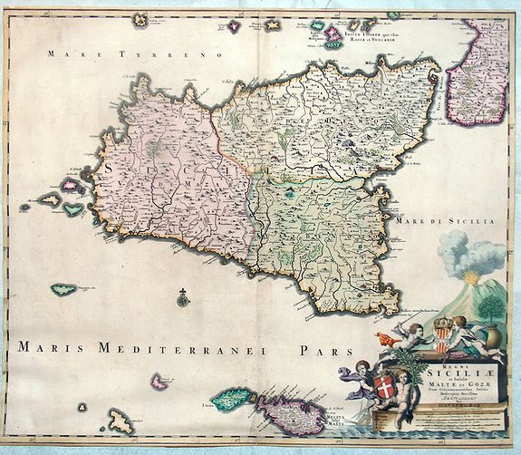 DE RAM, J., Regni Siciliae et Insulae Maltae et Gozae Cum Circumjacentibus Insulis Descriptio, antique map, old maps