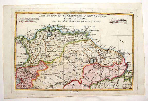 BONNE, R., Carte du Nouvelle Royaume de Grenade, de Andalousie et de la Guyane., antique map, old maps