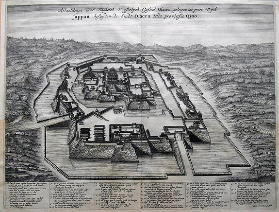 MONTANUS, A., Afbeeldinge vant Maghtich Keyserlyck Casteel Osacca geleegen int groot Ryck Jappan besuyden de Stadt Osacca inde provinsie Qioo, antique map, old maps