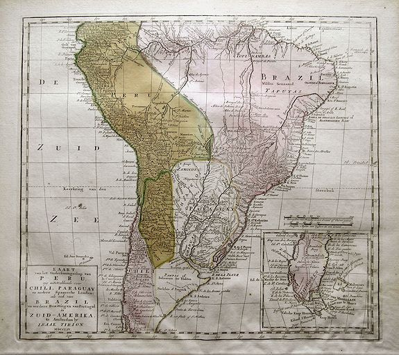TIRION, I., Kaart van het Onderkoningschap van Peru zig uitstrekkende: over Chile, Paraguay en andere Spaansche Landen als ook van Brazil en verdere Bezittingen van Portugal in Zuid-Amerika, antique map, old maps