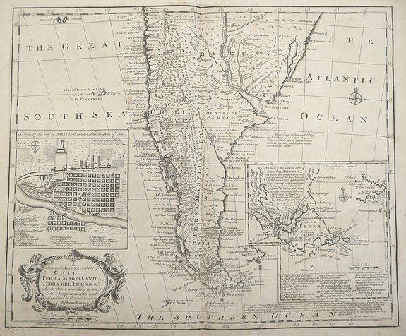 Emanuel Bowen, A new and accurate map of Chili, Terra Magellanica, Terra del Fuego &c. Laid down according to the latest improvements and regulated by astronl. observatns. By Eman: Bowen. , antique map, old maps