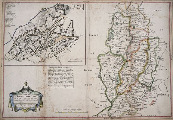 OVERTON, H., A New Map of Nottingham-Shire with the Post & Cross Roads, & other remarks according to the latest & best observations. 1714., antique map, old maps