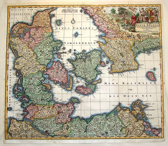 SEUTTER, M., Daniae Regnum cum Ducatu Holstiae et Slesvici., antique map, old maps