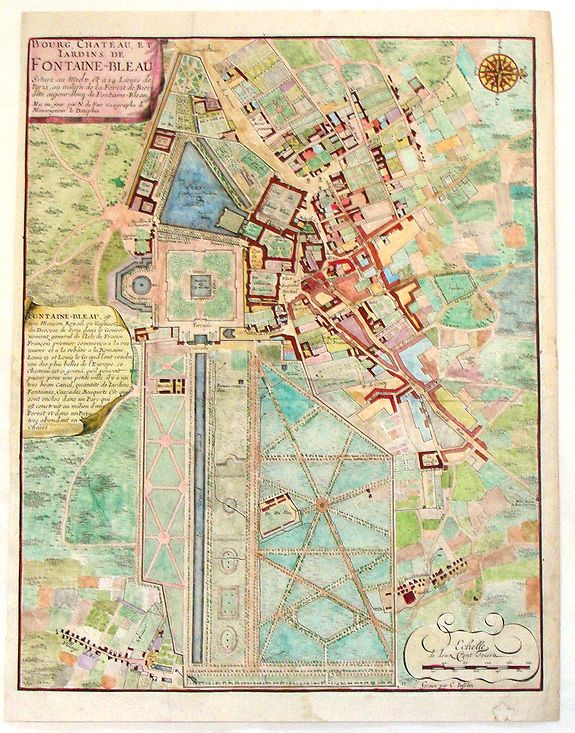 DE FER, N., Bourg, Chateau et Jardins de Fontaine-Blaeu., antique map, old maps