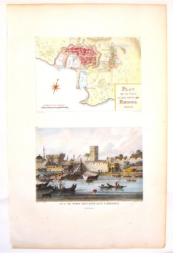 CHOISEUL-GOUFFIER, C., Plan de la ville et des Ports de Rhodes & Vue du Port des Bateaux a Rhodes., antique map, old maps