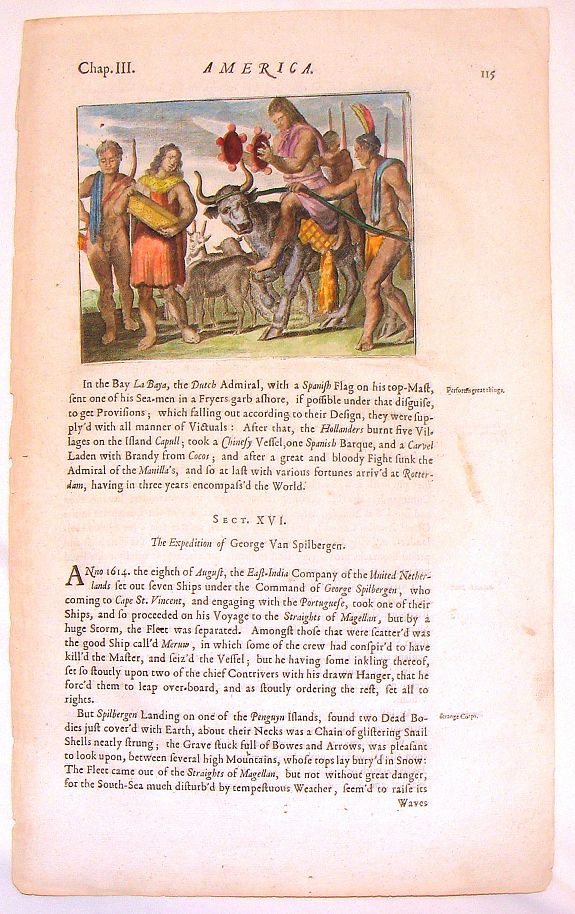 MONTANUS, A., Native Americans Bring Food & Water & Treasure., antique map, old maps