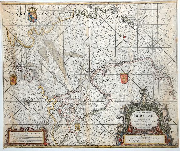 DONCKER, A., Pas Caart van de Noort Zee Verthoonende in zich Alle de Custen en Havens daer Rontom Gelegen. . ., antique map, old maps