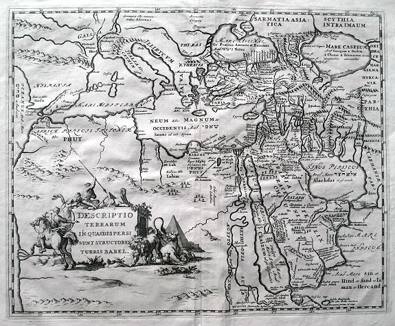 BOCHART, S., Descriptio terrarum in quasdispersi sunt structores turris Babel., antique map, old maps