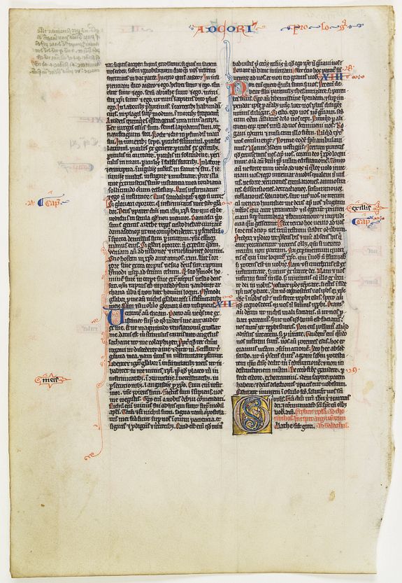 BIBLE., A large leaf of a 13th. century French bible., antique map, old maps
