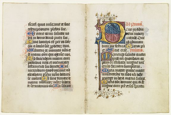 BOOK OF HOURS., Double-leaf from a French book of hours, on vellum., antique map, old maps