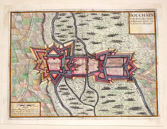 DEVEL, P., Bouchain: Ville Forte du Comte de Hainaut Situee Sur la Riviere d'Escaut., antique map, old maps