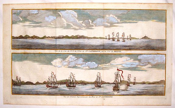 ANSON, G., Vue de la Cote du N.E. de L'Isle de Ste. Catherine Sur la Cote du Bresil & Vue de L'Entre Septentionale du Port de Ste. Catherine, antique map, old maps