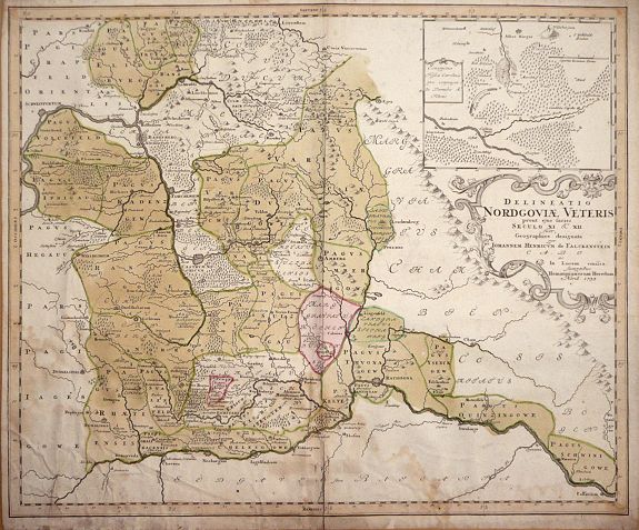 HOMANN HEIRS, Delineatio Nordgoviae Veteris prout ejus facies Seculo XI. & XII. suit, Geographice designata per Iohannem Henricum de Falckenstein C.A.B.O. ac in lucem emisa sumtibus Homannianorum Heredum Norib. 1733, antique map, old maps