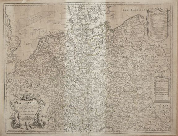 BUACHE, P. / Guillaume de L'Isle, L'Allemagne. dressée sur les observations de Tycho-Brahé, de Kepler, de Snellius sur celles de Messieurs de l'Academie Royale des Sciences &c, sur Zeiller et autres auteurs anciens ou modernes... Paris: Par G.De L’Isle Geographe. A Paris. Chez Dezauche , antique map, old maps