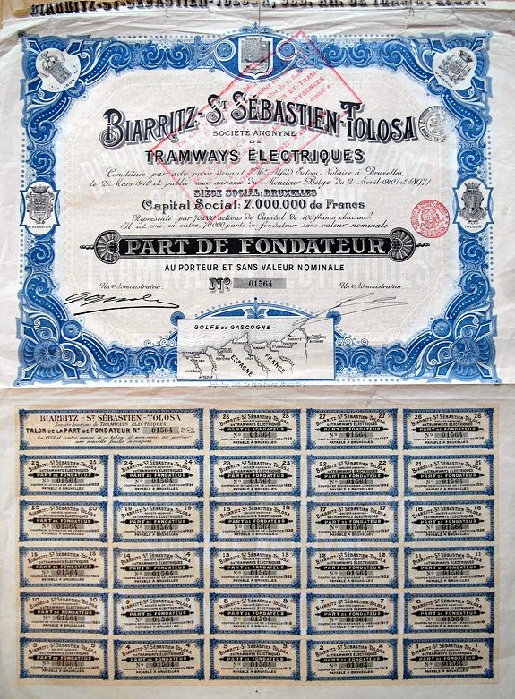 Societe Anonyme de Tramways Electriques, Biarritz - St. Sebastien - Tolosa., antique map, old maps