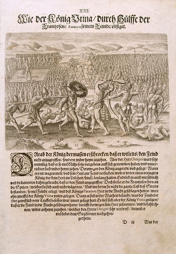 DE BRY, T., French battle with Florida Indians, 1591, antique map, old maps
