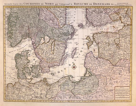 DE L'ISLE, Guillaume. J. , Seconde Carte des COURONES DU NORD qui Comprend le ROYAUME DE DENEMARK &c. , antique map, old maps