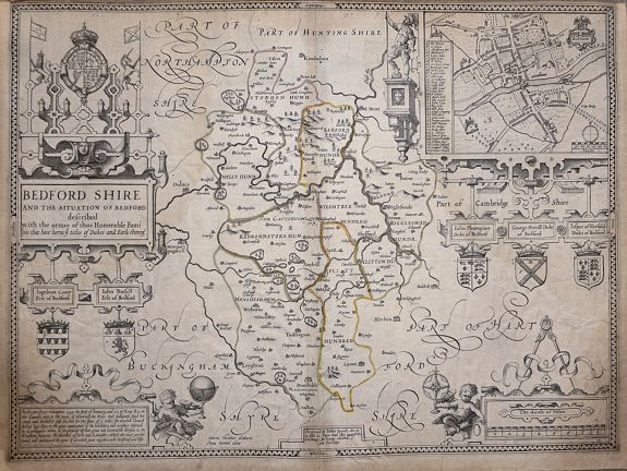 SPEED, J., BEDFORD SHIRE And the Situation of Bedford described with the armes of thos Honorable Familyes that have borne ye titles of Dukes and Earls thereof., antique map, old maps