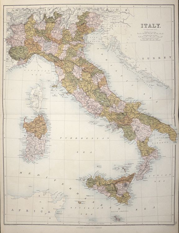 BARTOLOMEW, John, Italy with Sicily, Corsica, Malta, and Sardinia., antique map, old maps