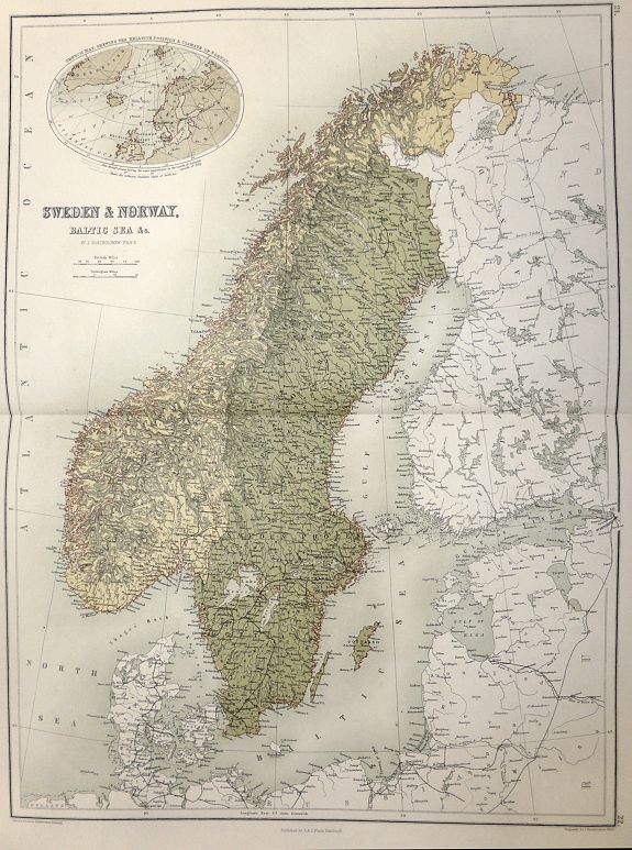 BARTOLOMEW, John, Sweden and Norway Baltic Sea &c., antique map, old maps