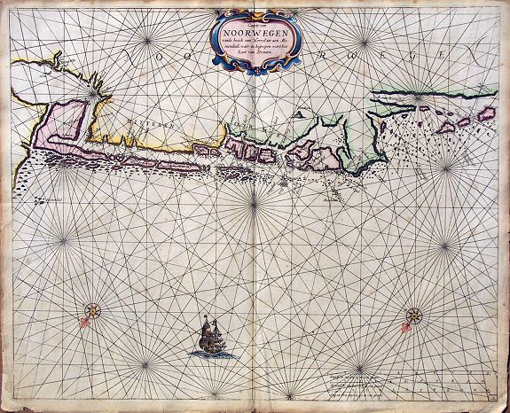 THEUNISZ,J. / LOOTSMAN, Caerte van Noorwegen vande hoeck van Horrel tot aen Momendael, waer in begrepen wert het Liet van Dronten., antique map, old maps