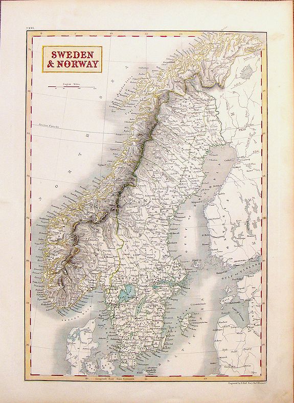 HALL, S., Sweden & Norway., antique map, old maps