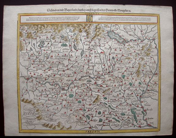 MÜNSTER, S., Schwaben und Bayerlandt darbey auch Begriffen der Otenwald, Nortgow., antique map, old maps