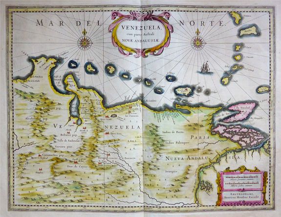 HONDIUS, H., Venezuela cum parte Australi Novae Andalusiae Amstelodami Henricus Hondius Excudit., antique map, old maps