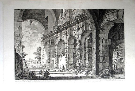PIRANESI, Giovanni Battista., Veduta del piano superiore del Serraglio delle fabbricato da Domiziano a uso dell’ Anfiteatro Flavio, e volgarmente detto la Curia Ostilia., antique map, old maps