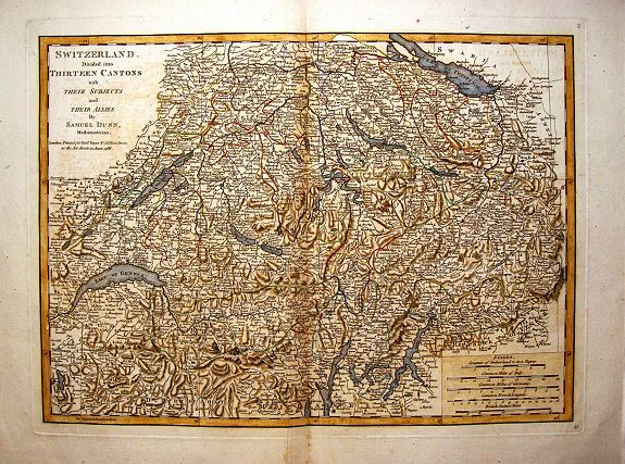 DUNN, S., Switzerland Divided Into Thirteen Cantons., antique map, old maps