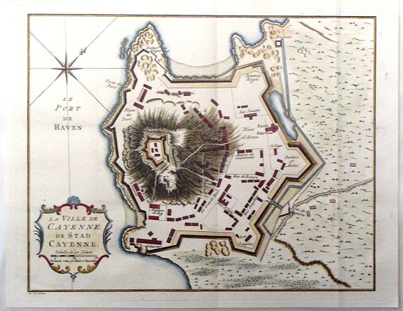 BELLIN, N., La ville de Cayenne de Stad Cayenne., antique map, old maps
