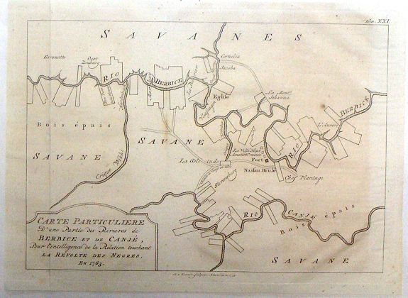 KREVELT, A., Carte Particuliere d'une Partie des Riviers de Berbice et de Caroje, Pour L'Intelligence de la Relation Touchant l Revolt des Negres en 1763, antique map, old maps