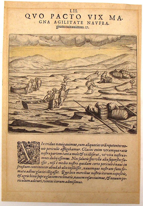DE BRY, T., Quo Pacto vix Magna Agilitate Navfra (The Third Dutch Arctic Voyage)., antique map, old maps