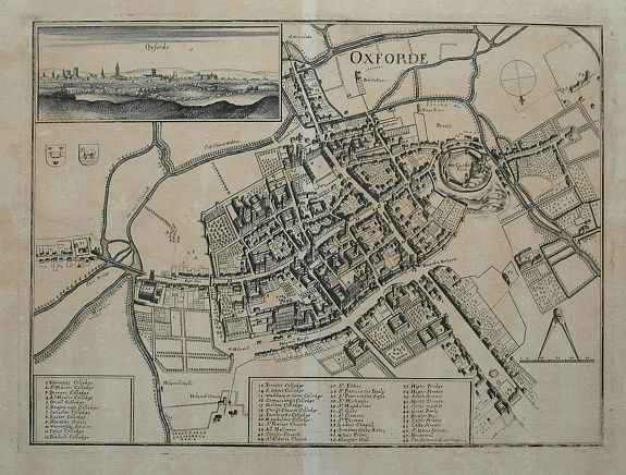 MERIAN, M., Oxforde., antique map, old maps