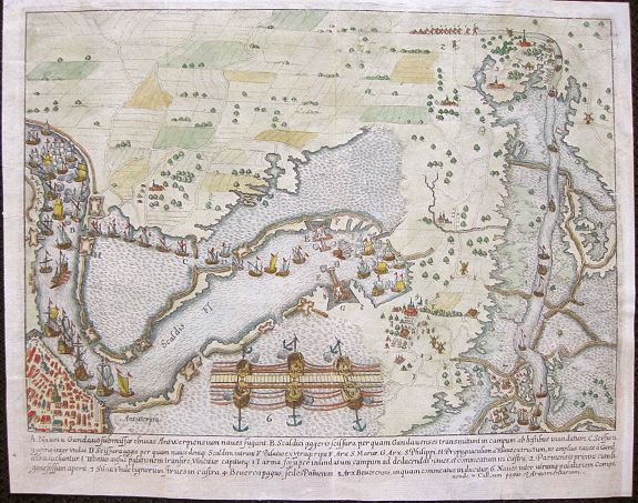 ANONYMOUS, Naues a Gandauo submissae obuias Antwerpiensium naues fugant., antique map, old maps